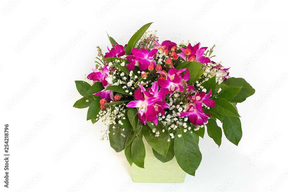 A large beautiful bouquet of pink and white flowers is in a green box on a white background.