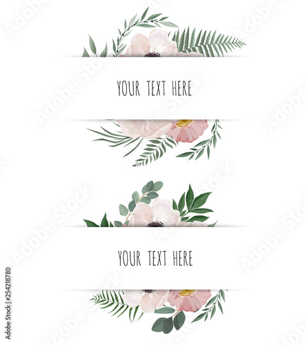 Horisontal botanical vector design banner. Pink rose, eucalyptus, succulents, flowers, greenery. Natural spring card or frame.