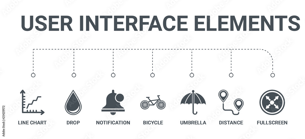 simple set of 7 icons such as fullscreen, distance, umbrella, bicycle, notification, drop, line chart from user interface elements concept on white background simple set of 7 icons such as fullscreen, distance, umbrella, bicycle, notification, drop, line chart from user interface elements concept on white background