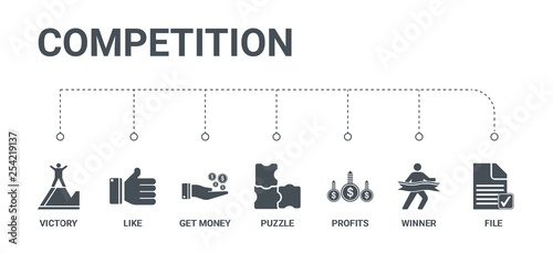 simple set of 7 icons such as file, winner, profits, puzzle, get money, like, victory from competition concept on white background