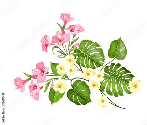 The flower paradise. Summer illustration with bouquet of green palm leaves and blooming flowers. Beautiful garland for vacation design on white background. Vector illustration.