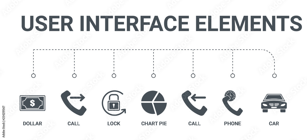simple set of 7 icons such as car, phone, call, chart pie, lock, call, dollar from user interface elements concept on white background simple set of 7 icons such as car, phone, call, chart pie, lock, call, dollar from user interface elements concept on white background
