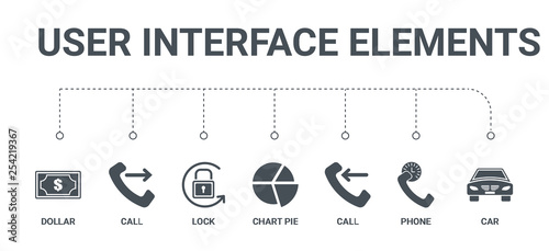 simple set of 7 icons such as car, phone, call, chart pie, lock, call, dollar from user interface elements concept on white background