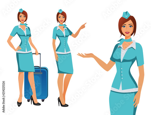 Stewardess in blue uniform. Flying attendants, air hostess pointing on information or standing with bag. Pretty profession stewardess cartoon character for infographics. Vector illustration.