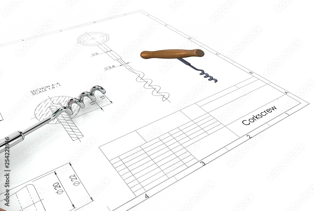3d illustration of corkscrew above engineering drawing 3d illustration of corkscrew above engineering drawing