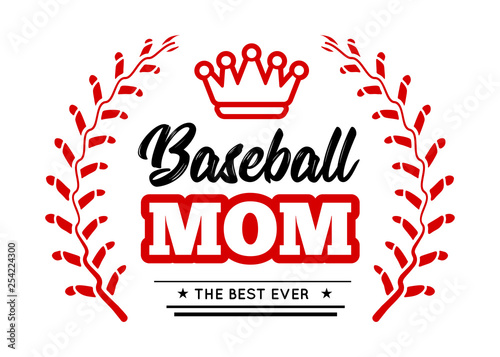 Baseball mom emblem with baseball wreath-style lacing and a king crown on white background. Vector