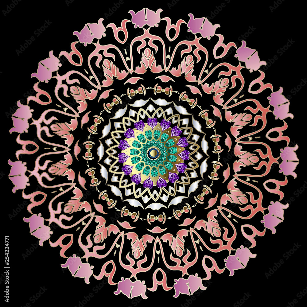 Colorful Baroque floral round mandala pattern. Vector ornamental baroque Victorian style background. Vintage decorative ornament. Flowers, scroll leaves, lines, shapes. Luxury ornate patterned design