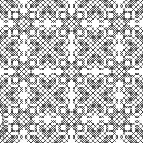 Cross stitch. Black and white seamless pattern. Embroidery, knitting. Abstract geometric background. Ethnic ornaments.