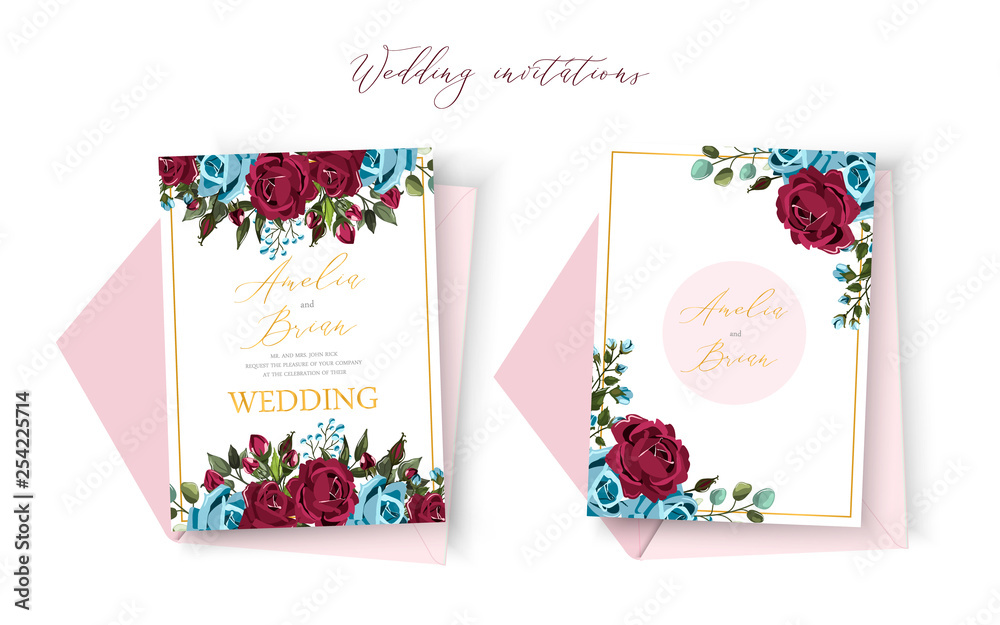 Wedding floral golden invitation card save the date design with bordo navy blue roses