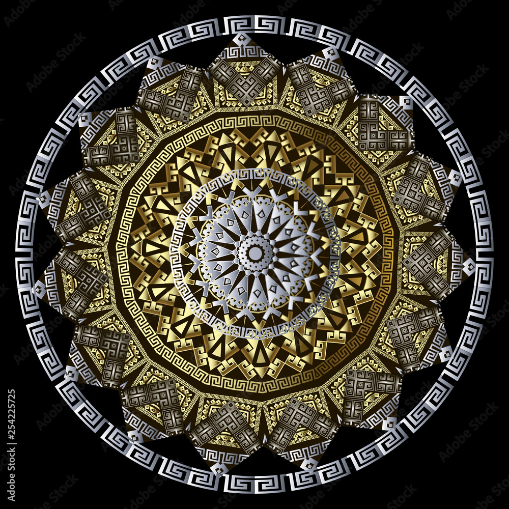 Greek ornamental vector round 3d mandala pattern. Floral ornate background. Geometric greek key meanders ancient gold silver ornament.  Modern decorative mandala design. Tribal shapes, zigzag lines