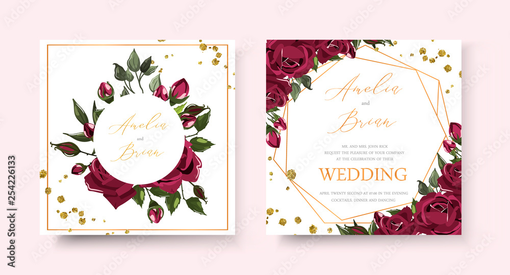 Wedding floral golden invitation card save the date design with bordo navy blue roses Wedding floral golden invitation card save the date design with bordo navy blue roses