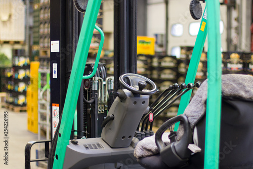 steering and cab of forklift with levers. in stock