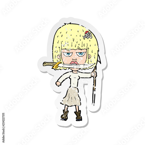 retro distressed sticker of a cartoon woman with knife and harpoon