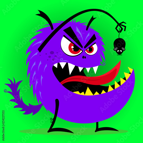Scary blue monster wants to eat a mouse, vector illustration