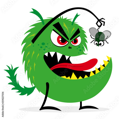 Scary green monster wants to eat a green fly, vector illustration