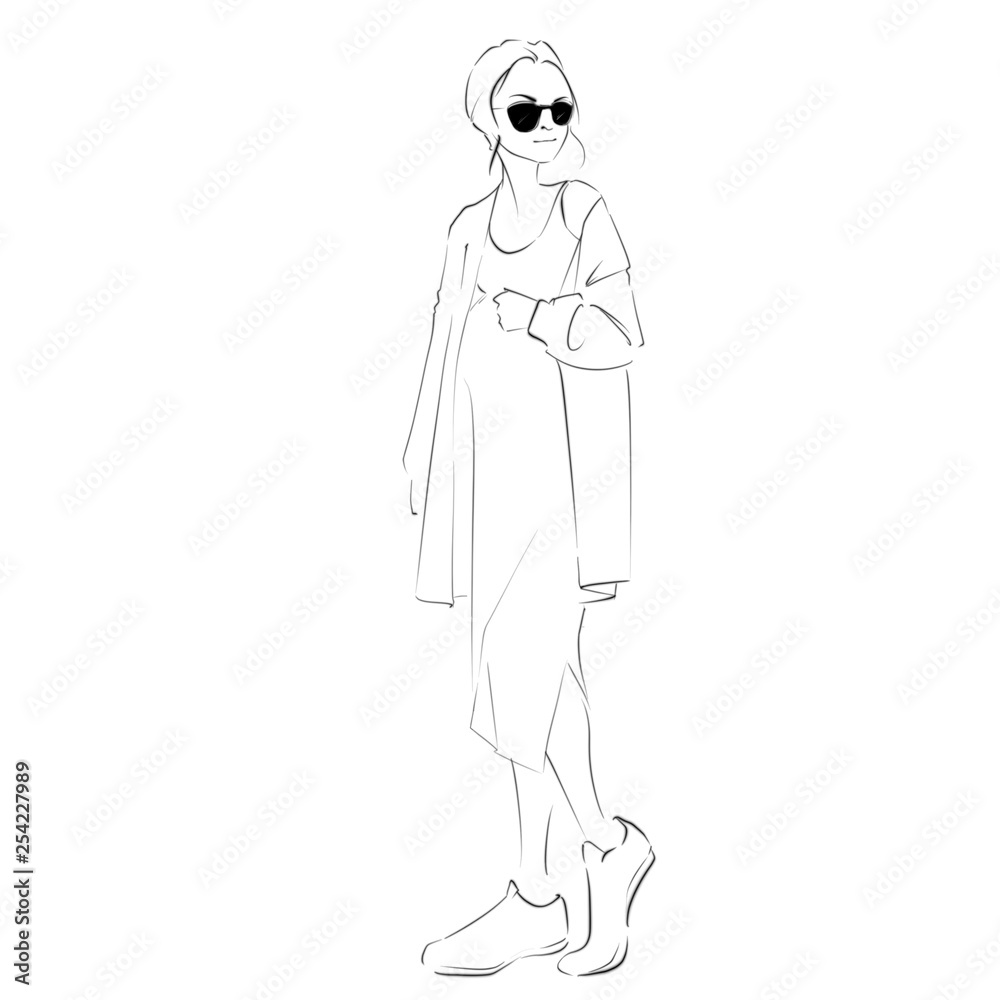 Black and white fashion sketch of a cool mom to be