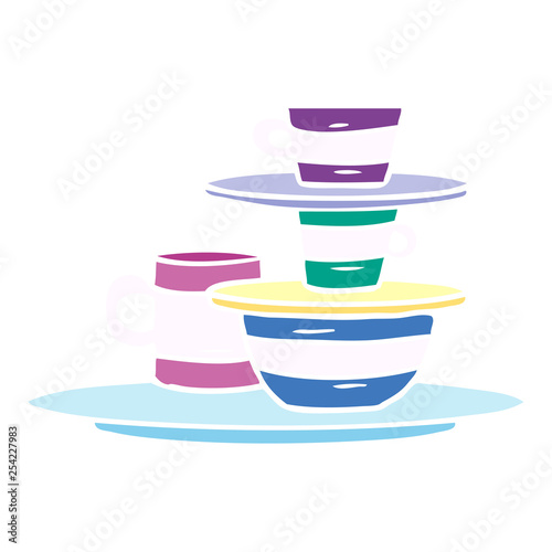 cartoon doodle of colourful bowls and plates