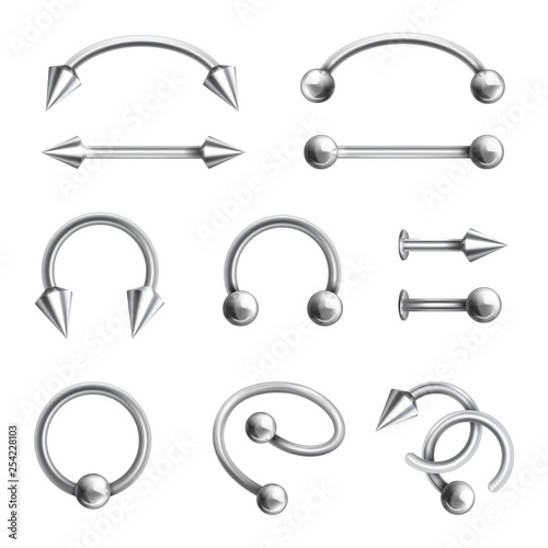 Body piercing jewelery set, different metallic accessories