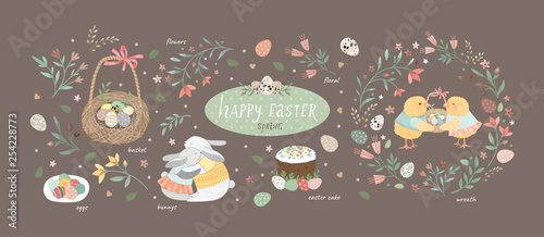 Happy easter! Set of cute vector illustrations for a poster, card, invitation or banner. Congratulations on the holiday.