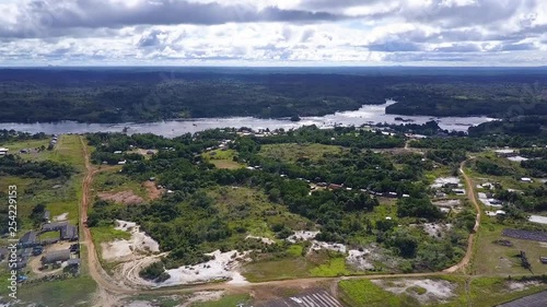 Aerial pan down shot to a military base and an airplane runway in the middle of a jungle in South America photo