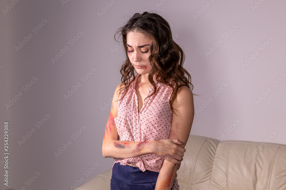 Fototapeta premium People, violence and abuse concept - Woman victim suffering from abuse, harassment