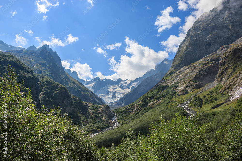 Panorama view of mountains scene in national park of Dombay, Caucasus, Russi