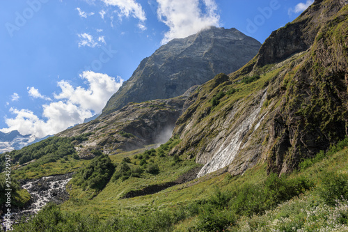 Panorama view of mountains scene in national park of Dombay, Caucasus, Russi