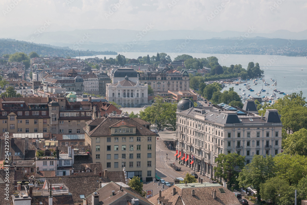 Aerial view of Zurich city center with Opera house and lake Zurich