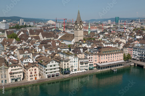 Aerial view of historic Zurich city with Fraumunster Church and river Limmat