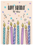 Happy Birthday greeting card with burning candles on dotted background. Vector.
