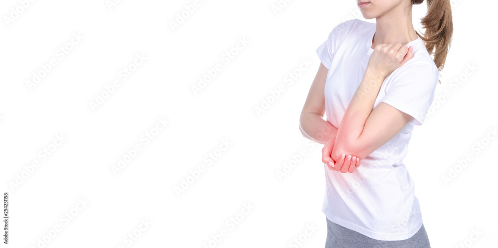 Woman arm elbow pain on white background isolation Woman arm elbow pain on white background isolation