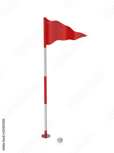 Flag on golf course with ball 3d rendering