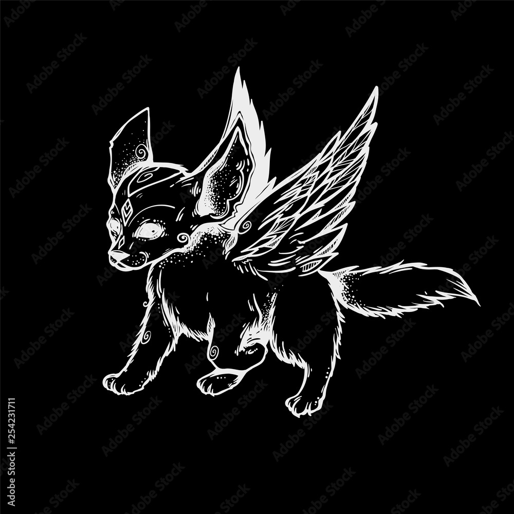 Obraz premium The small cute fox with angel wings. Running little creature. Illustration with motion fox.