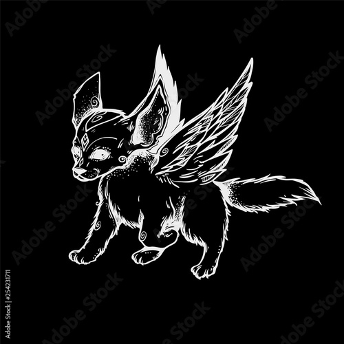 The small cute fox with angel wings. Running little creature. Illustration with motion fox.