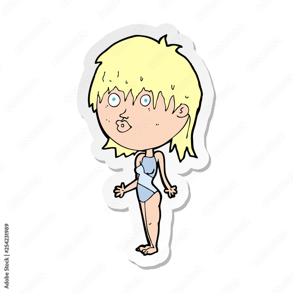 sticker of a cartoon woman in swimsuit shrugging shoulders sticker of a cartoon woman in swimsuit shrugging shoulders