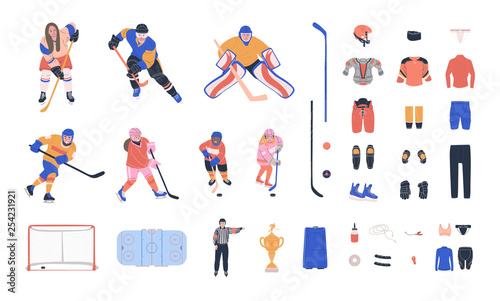 Ice hockey vector colorful collection with young and adult players, referee, equipment and supplies. Flat trendy cliparts. Isolated cartoon  illustrations