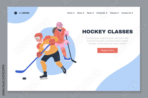 Ice hockey classes landing page template. Website homepage layout with place for your text and vector illustration. Happy teen boy and girl playing hockey game