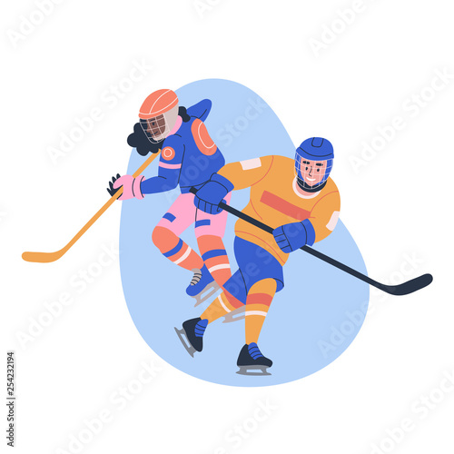 Illustration with young male and female ice hockey players. Isolated vector.