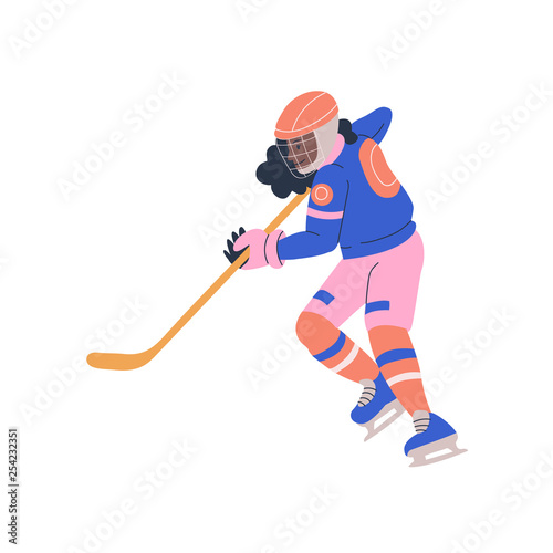 Happy young teenager girl playing ice hockey game