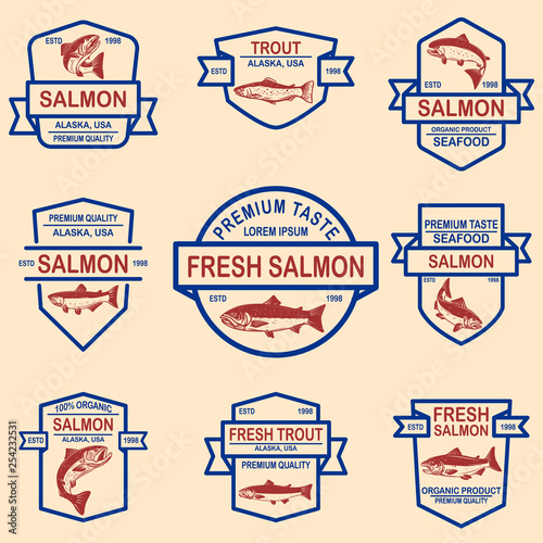 Set of salmon, trout seafood labels. Design element for logo, label, sign, poster, banner.