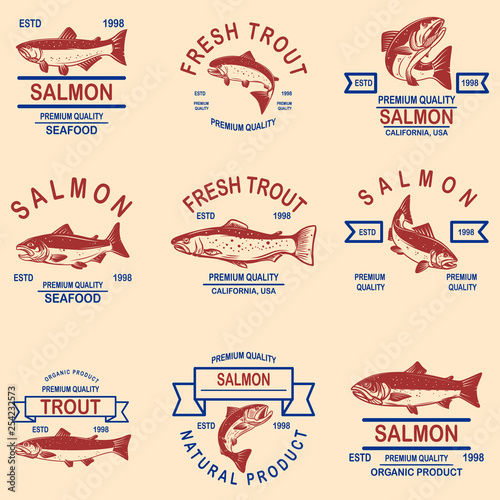 Set of salmon, trout seafood labels. Design element for logo, label, sign, poster, banner.