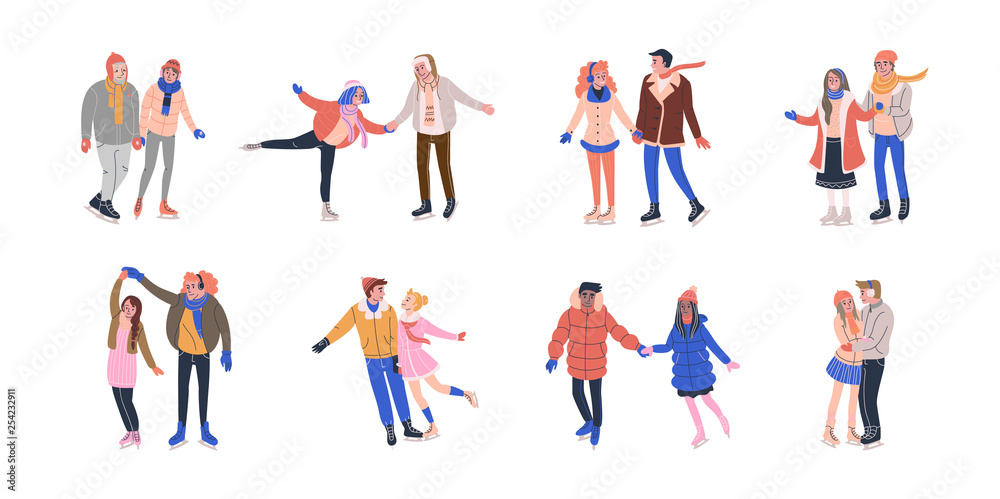 Collection of tiny skating couples having fun on ice rink. Romantic illustration with tiny people in love dressed in winter clothes and holding hands. Isolated vector illustrations in flat style. 