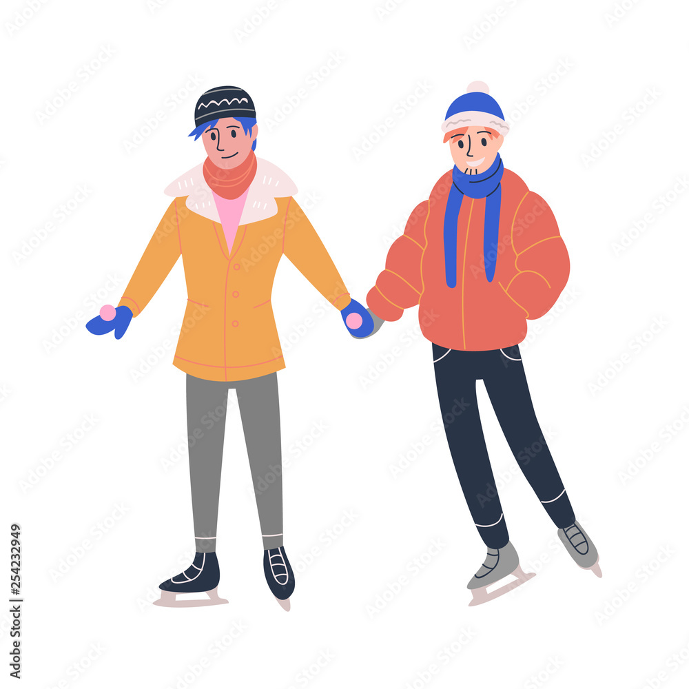 Isolated illustration of lgbt couple skating on ice rink. Two smiling men in winter clothes holding hands and having fun. Vector art in flat style Isolated illustration of lgbt couple skating on ice rink. Two smiling men in winter clothes holding hands and having fun. Vector art in flat style