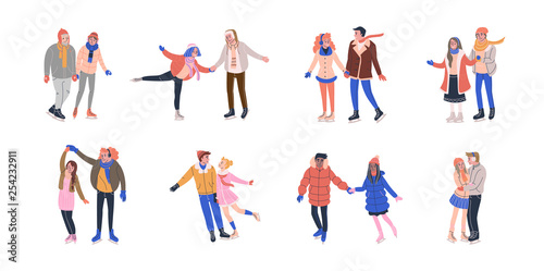 Collection of tiny skating couples having fun on ice rink. Romantic illustration with tiny people in love dressed in winter clothes and holding hands. Isolated vector illustrations in flat style. 
