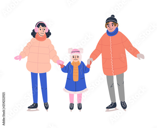 Happy family  in winter clothes skating on ice rink
