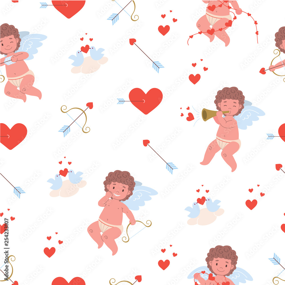 Pattern with flying funny cupids, red hearts, birds in love, bows and arrow Pattern with flying funny cupids, red hearts, birds in love, bows and arrow