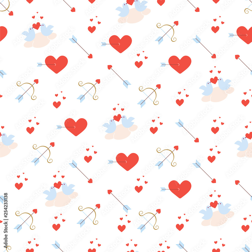 Valentines day  pattern with birds , red hearts, bow, arrows