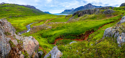 Panoramic view of wilderness of fjord landscape and Selbrekkufos