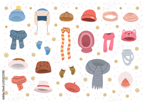 Collection of cute warm  hats and scarves for cold winter weather. Vector set in cartoon style. Isolated objects on white background.