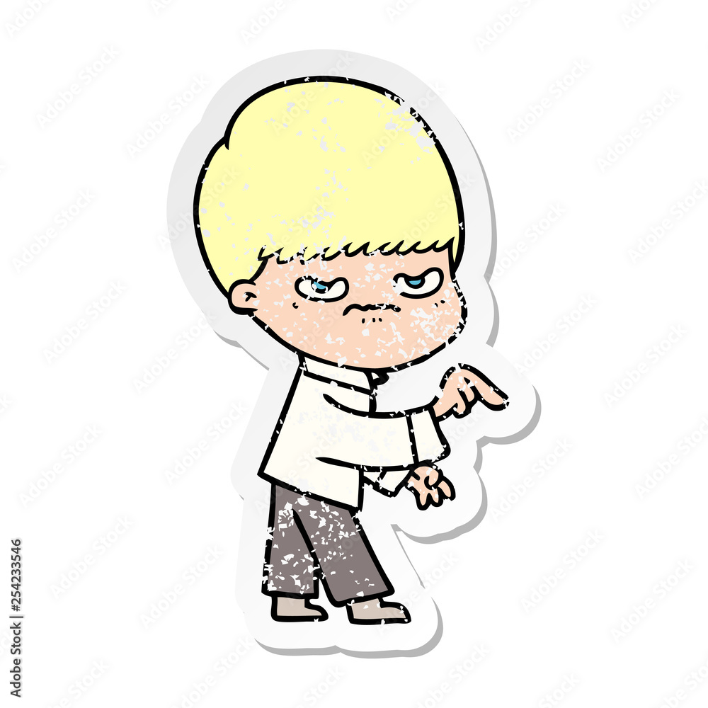 distressed sticker of a annoyed cartoon boy distressed sticker of a annoyed cartoon boy